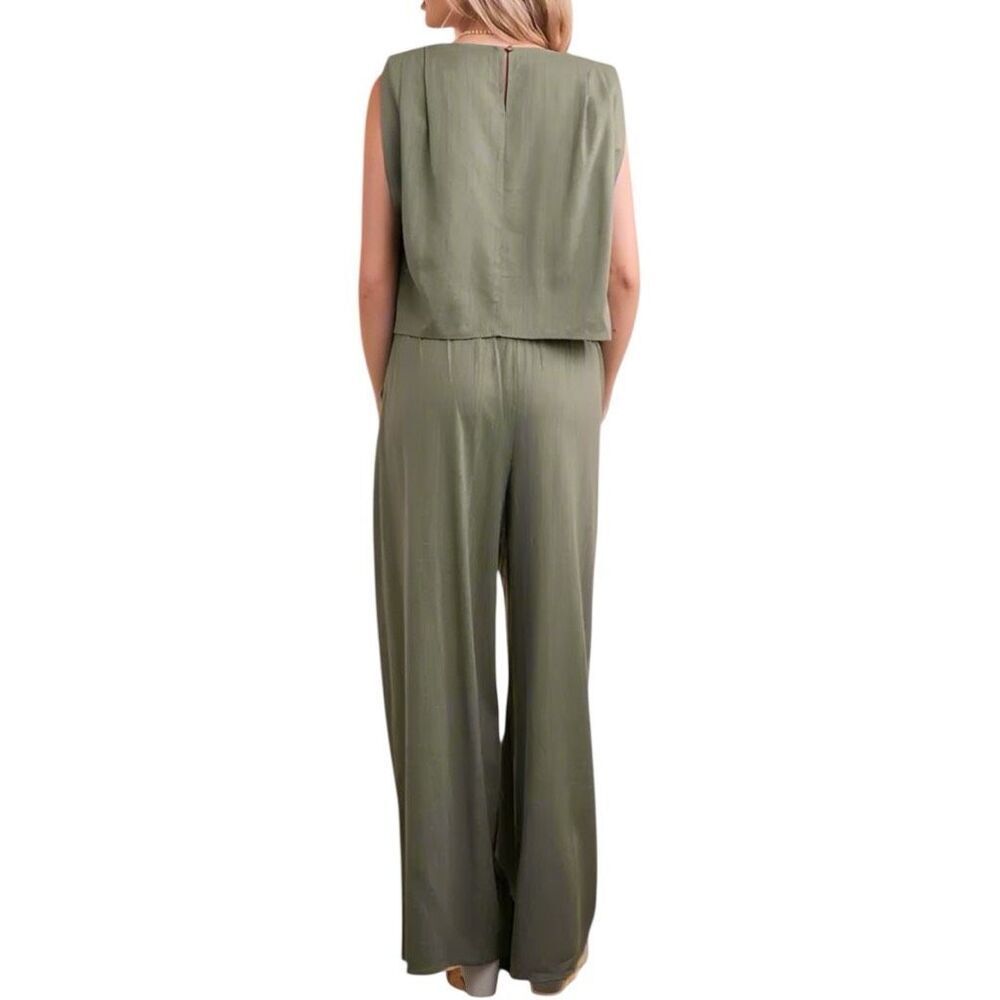 Linen Crop Top & Wide Leg Pant Set NWT | Olive Green | Very J - Picture 7 of 8